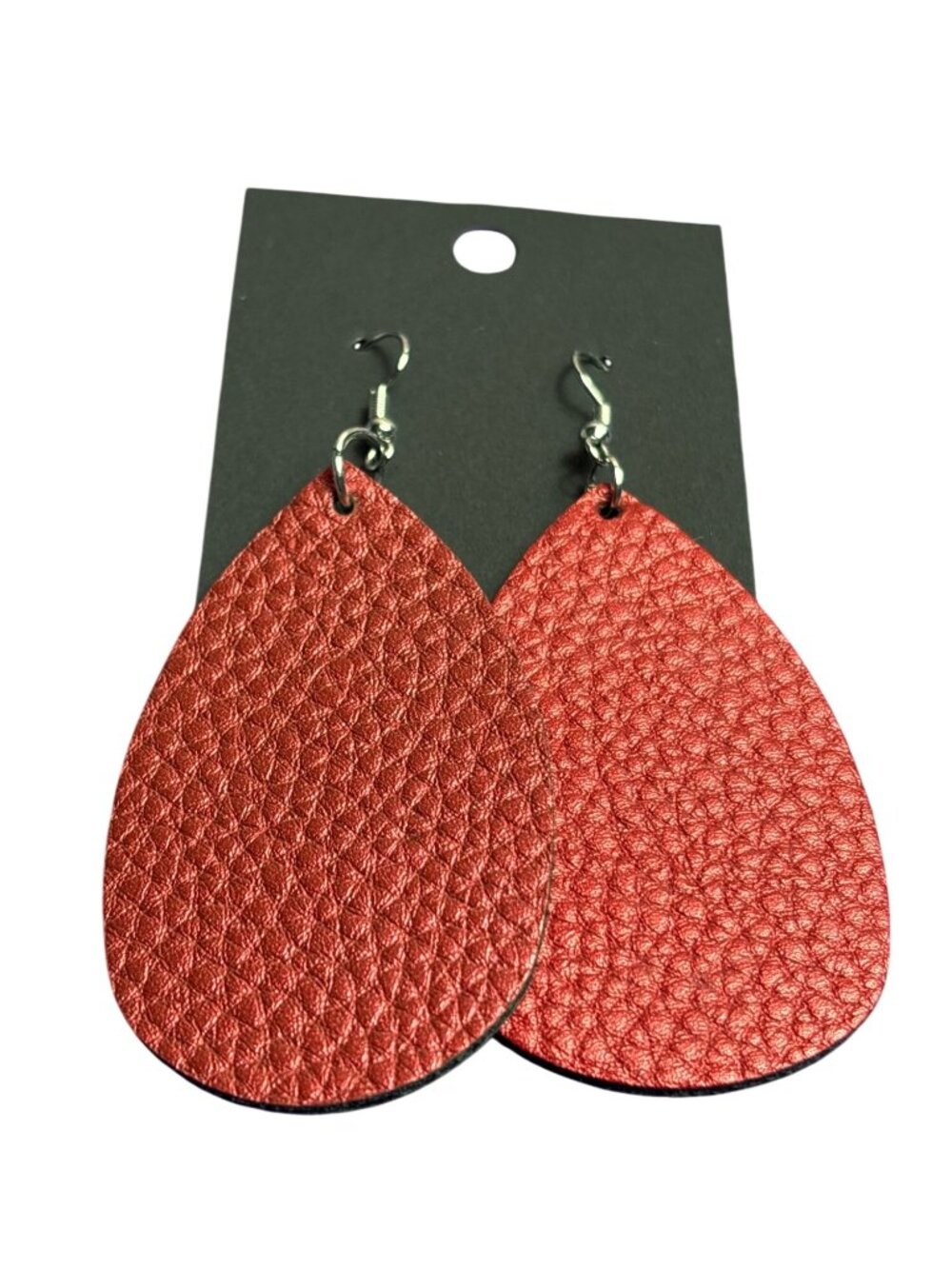 Red Faux Leather Teardrop Dangle Earrings Silvertone 2.5 inches